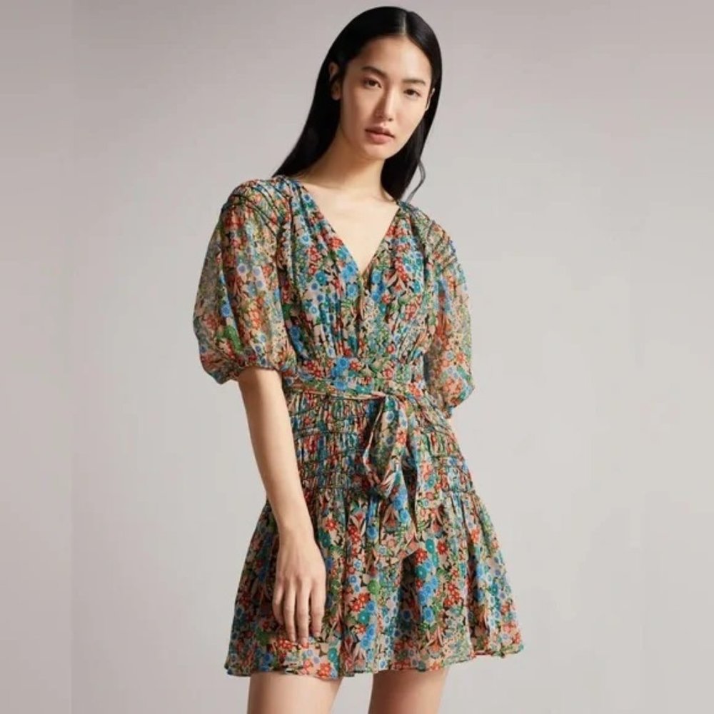 NWT TED BAKER TIANIA SMOCK PANEL MINI DRESS, SZ TB 2/ US 6